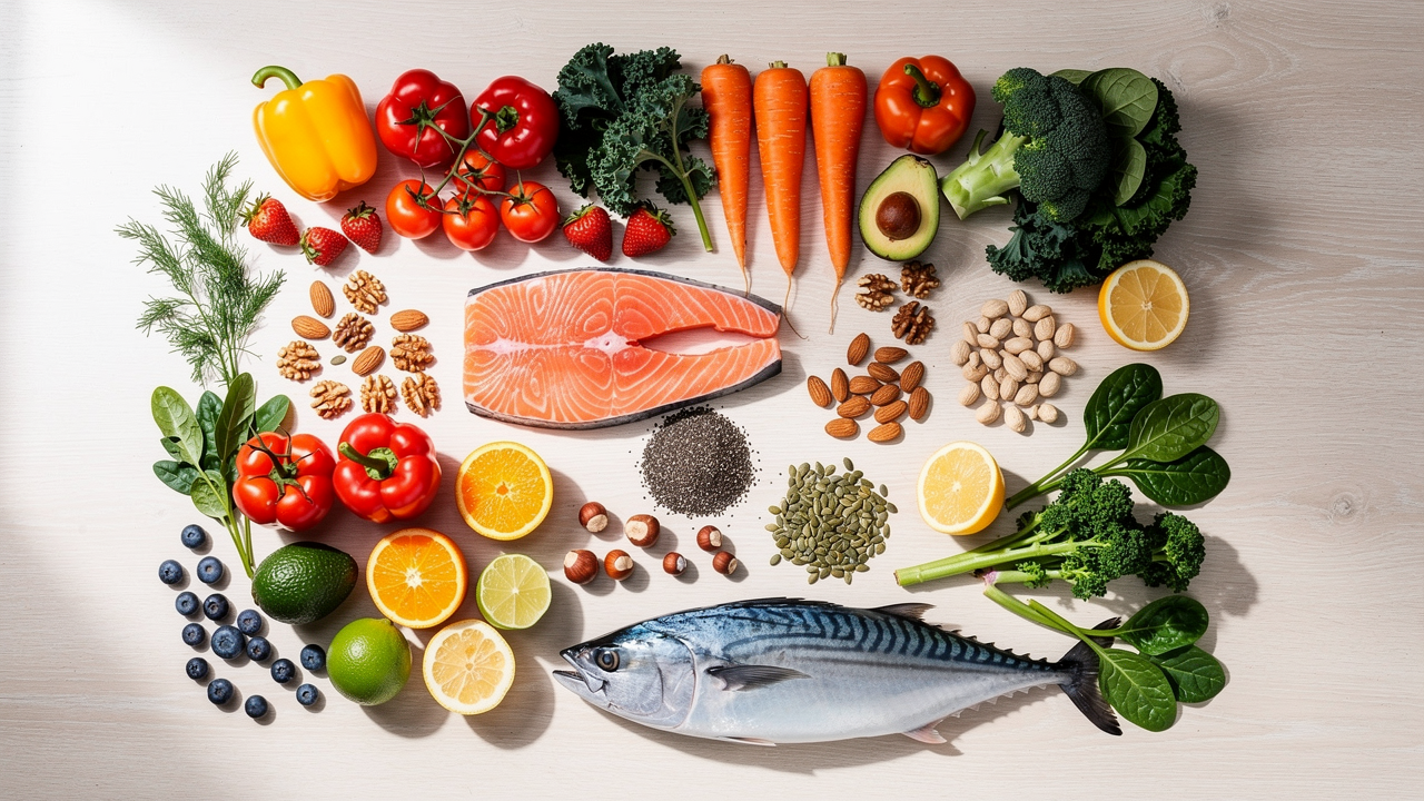 Färgglada grönsaker, frukt, nötter och fisk som naturliga källor till vitaminer och mineraler