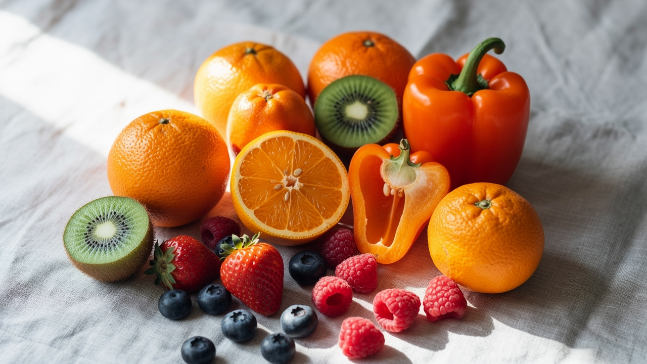 Färgglada grönsaker, frukt, nötter och fisk som naturliga källor till vitaminer och mineraler