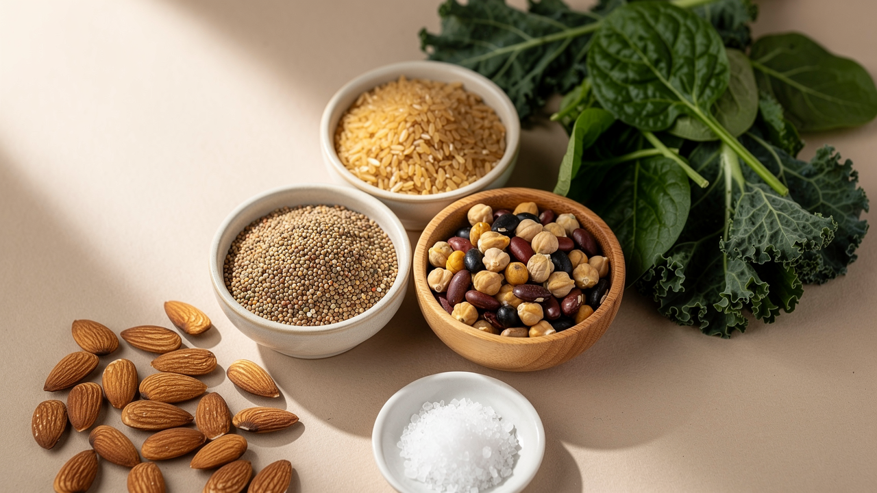Färgglada grönsaker, frukt, nötter och fisk som naturliga källor till vitaminer och mineraler