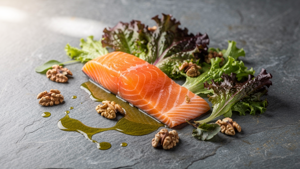 Näringsrik kost med fisk, grönt och nötter som stöd för leder och hälsa