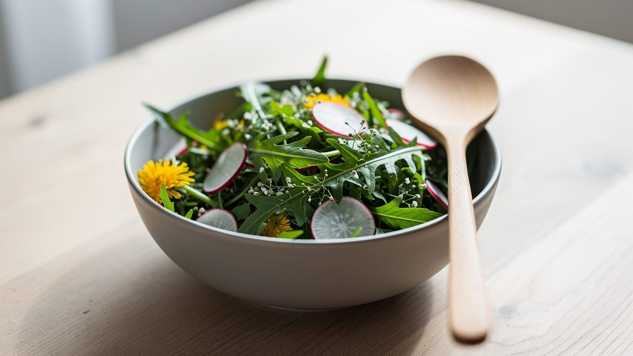 Unga maskrosblad i en vårsallad