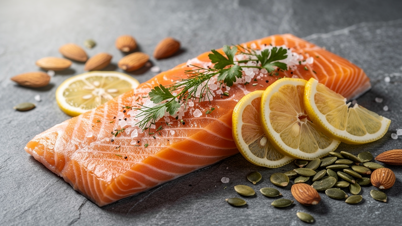Järnrika livsmedel som mörka bladgrönsaker, linser, nötter och citrus på ett träbord