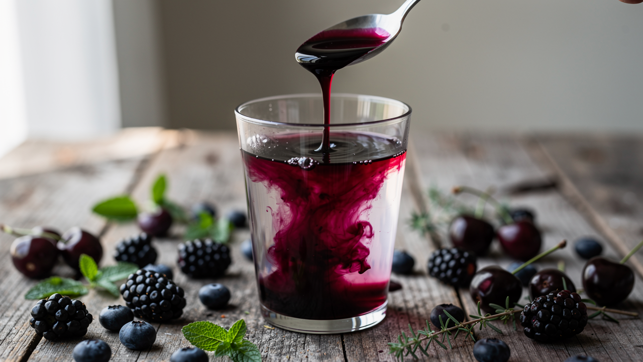 Mörk blutsaft hälls från en sked ner i ett glas vatten, omgivet av färska bär och örter