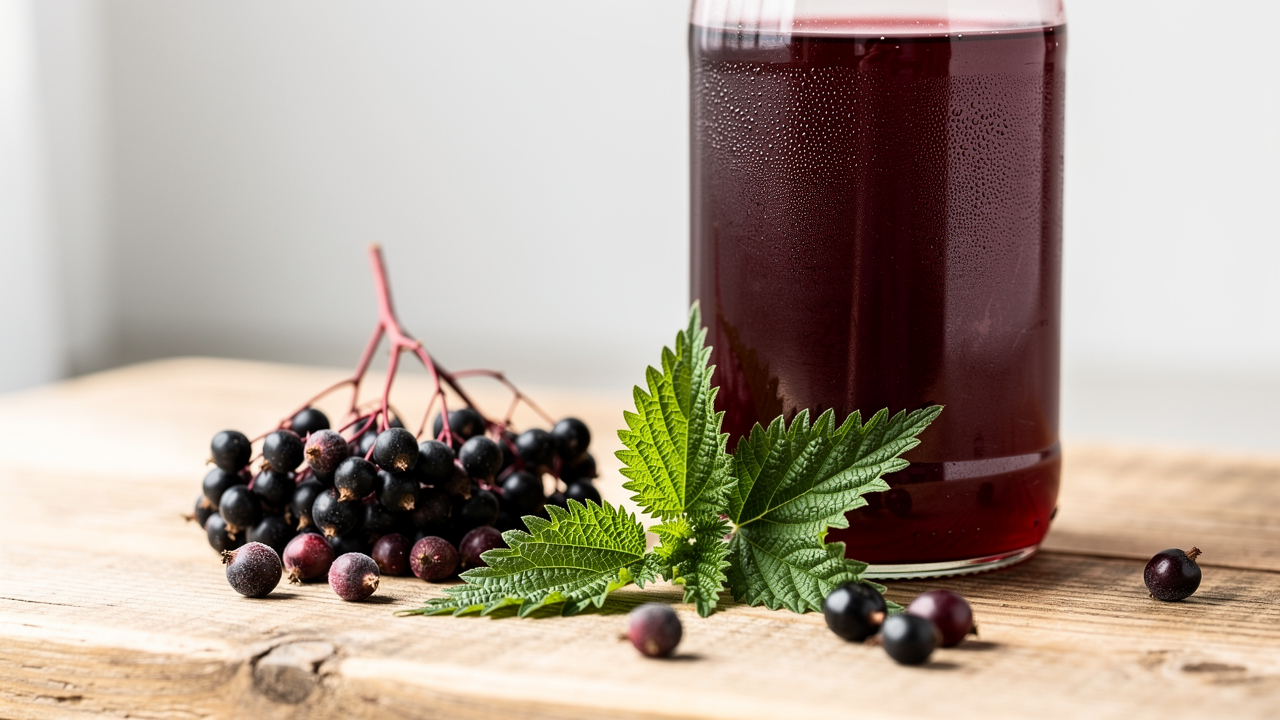 Mörk blutsaft hälls från en sked ner i ett glas vatten, omgivet av färska bär och örter
