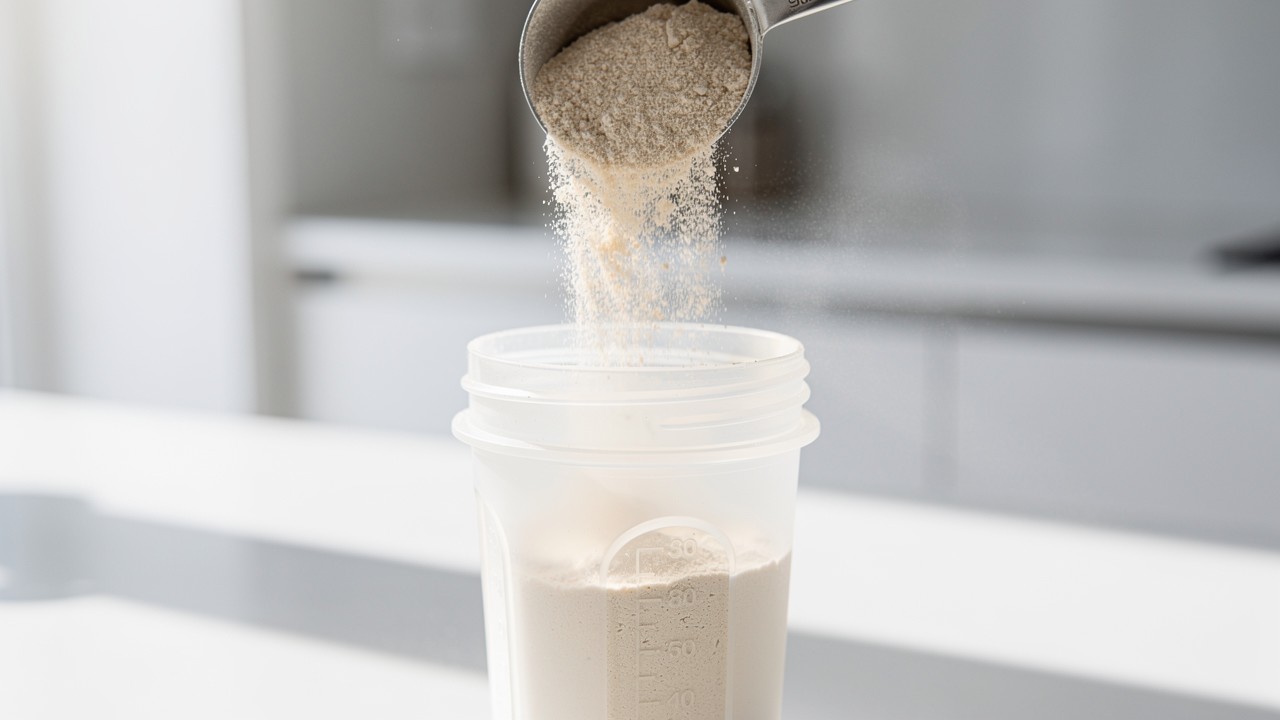 Proteinshake i glas omgiven av havre, banan och jordnotssmor pa ett ljust trabord