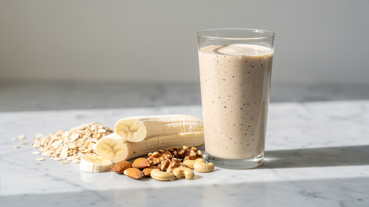 Proteinshake i glas omgiven av havre, banan och jordnotssmor pa ett ljust trabord