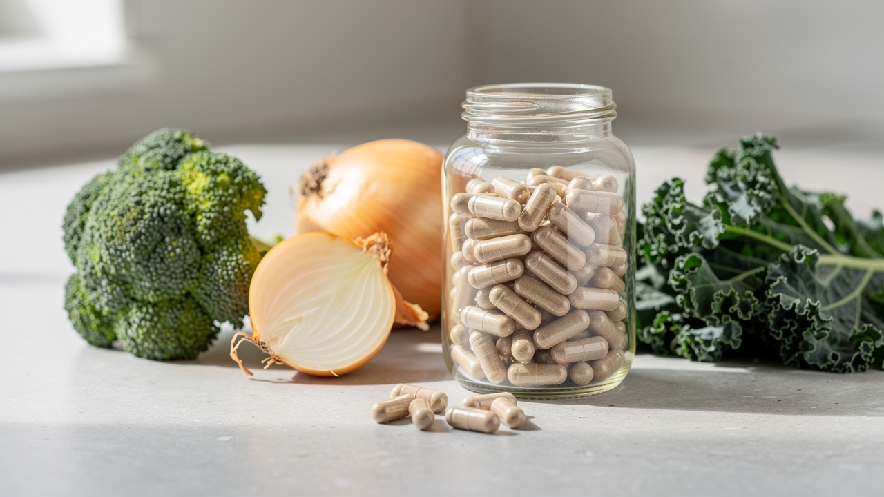 Rödlök, äpplen och mörka bär på en träskärbräda – naturliga källor till quercetin