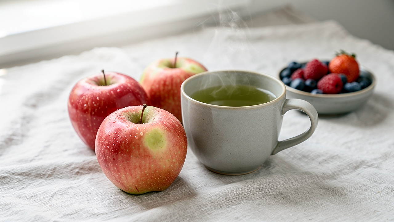 Rödlök, äpplen och mörka bär på en träskärbräda – naturliga källor till quercetin