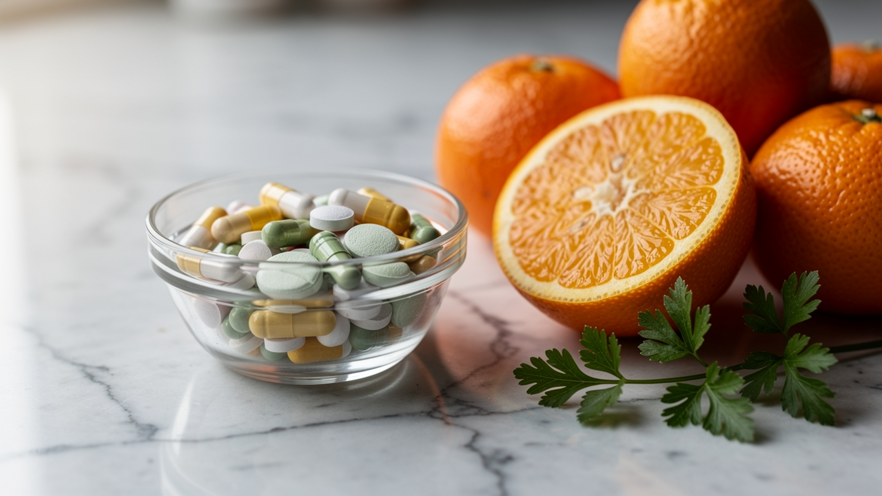 Färgglada hela livsmedel rika på vitaminer och mineraler på en ljus träyta
