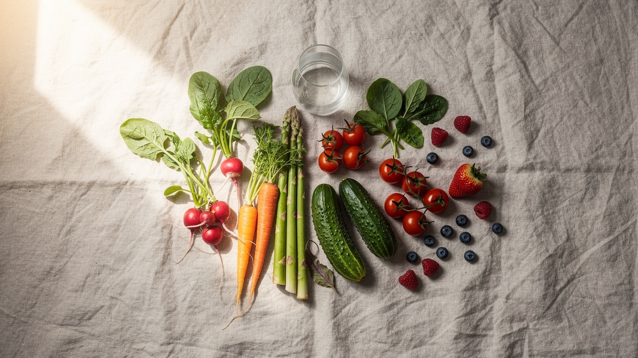 Färgglada hela livsmedel rika på vitaminer och mineraler på en ljus träyta
