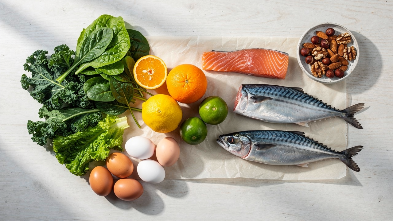 Färgglada hela livsmedel rika på vitaminer och mineraler på en ljus träyta