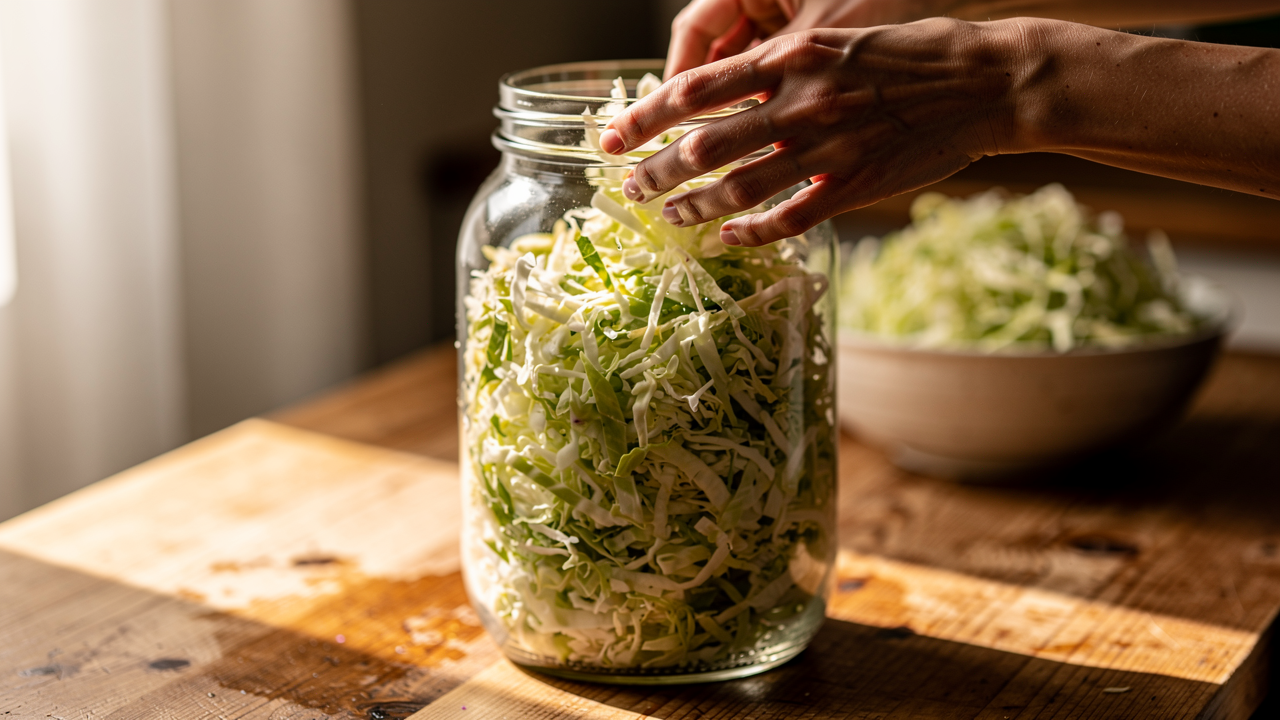 Glasburkar med fermenterande surkål och kimchi på en träbänk i mjukt dagsljus