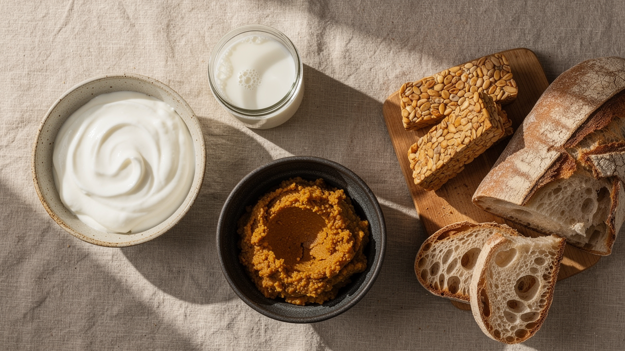 Glasburkar med fermenterande surkål och kimchi på en träbänk i mjukt dagsljus
