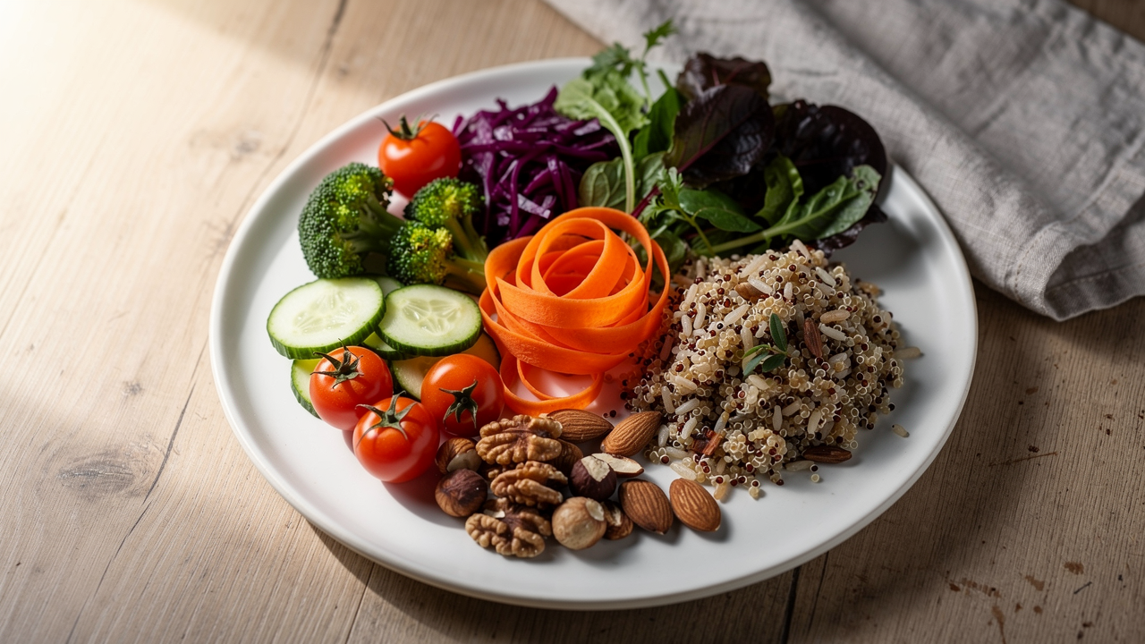 Ljust frukostbord vid fönster med frukt, havre och vatten i morgonljus
