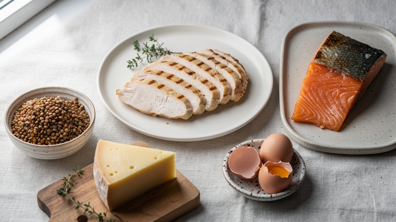 Skål med vitt glutaminpulver bredvid proteinrika livsmedel