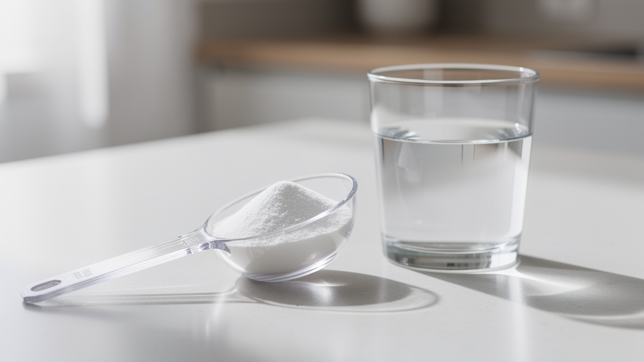 Skål med vitt glutaminpulver bredvid proteinrika livsmedel