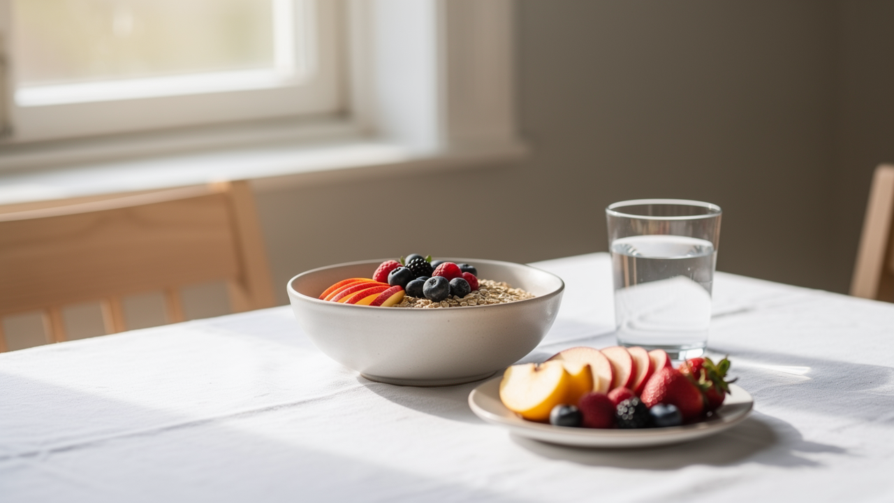 Ljust frukostbord vid fönster med frukt, havre och vatten i morgonljus
