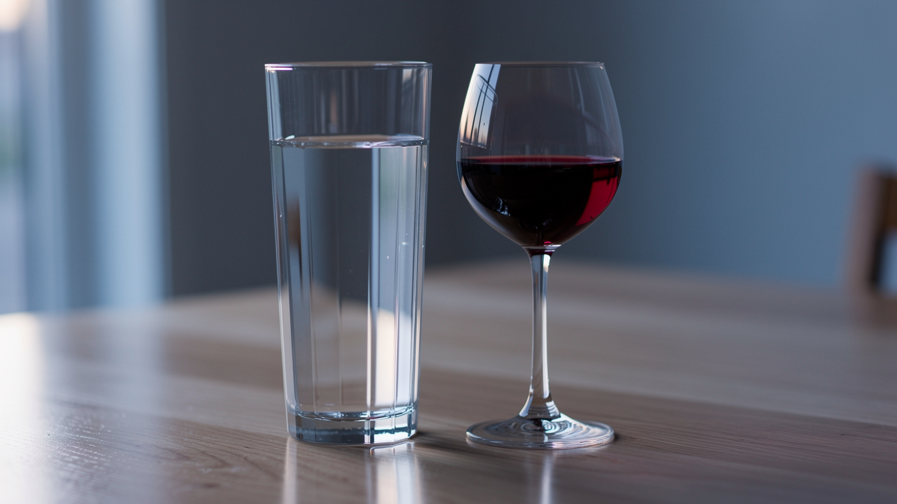Ett glas vatten bredvid ett glas rödvin på ett träbord