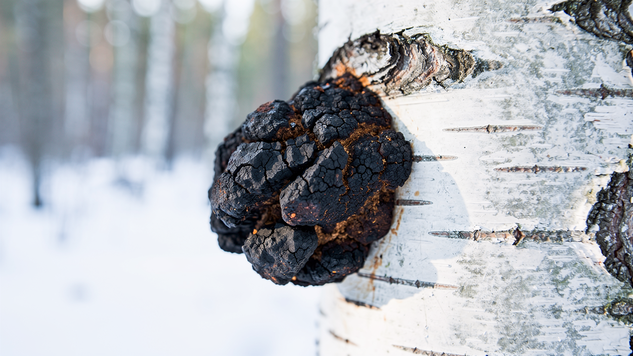Mörk chagasvamp som växer på en björkstam i en snötäckt nordisk skog