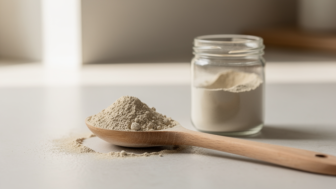 Glas med mjölk och ljust proteinpulver som illustrerar lactoferrin