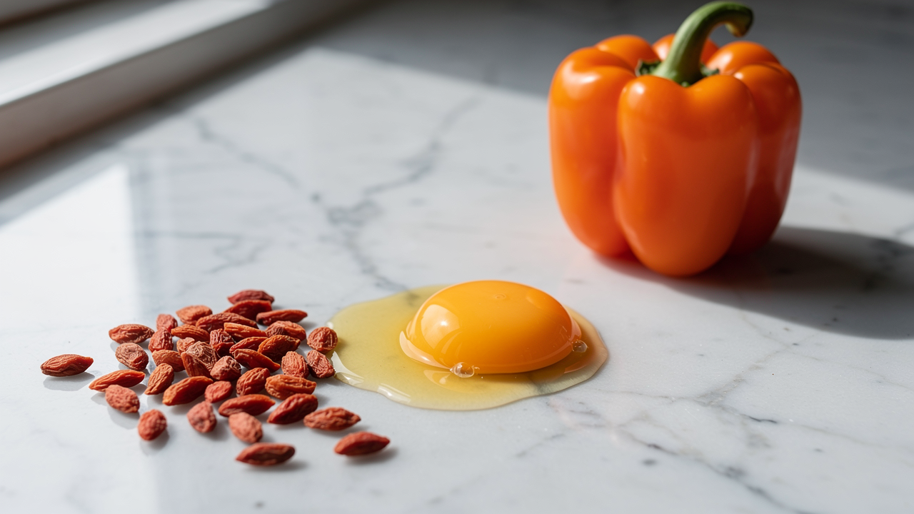 Grönkål, spenat och gul majs på ett träbord, naturliga källor till zeaxanthin
