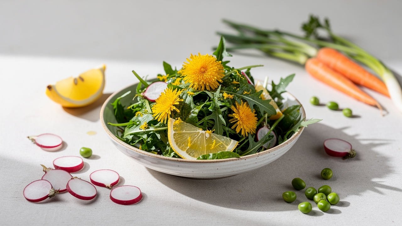 Maskros med gula blommor och gröna blad på ett rustikt träbord