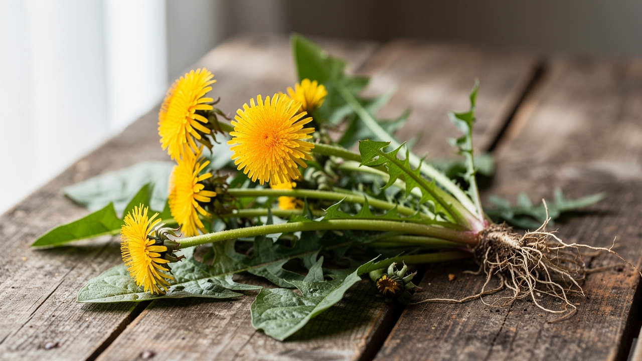Maskros med gula blommor och gröna blad på ett rustikt träbord
