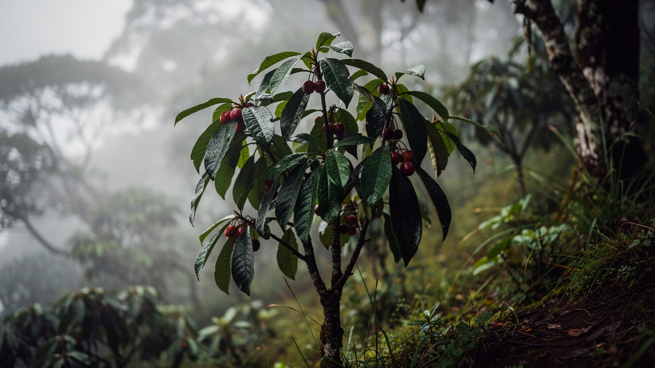 Afrikanskt plommonträd Prunus africana i bergsskog, källan till pygeumbark