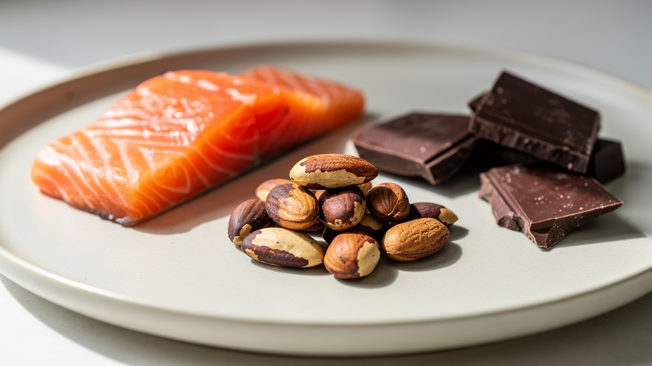 Naturliga livsmedel rika på zink, omega-3 och vitaminer upplagda på linnebakgrund