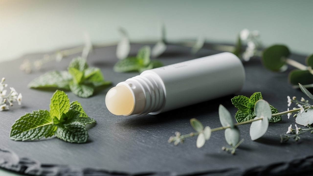 Mentolbaserad roll-on-stick omgiven av färska myntablad och eukalyptus
