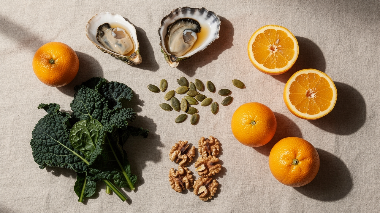 Naturliga livsmedel rika på zink, omega-3 och vitaminer upplagda på linnebakgrund