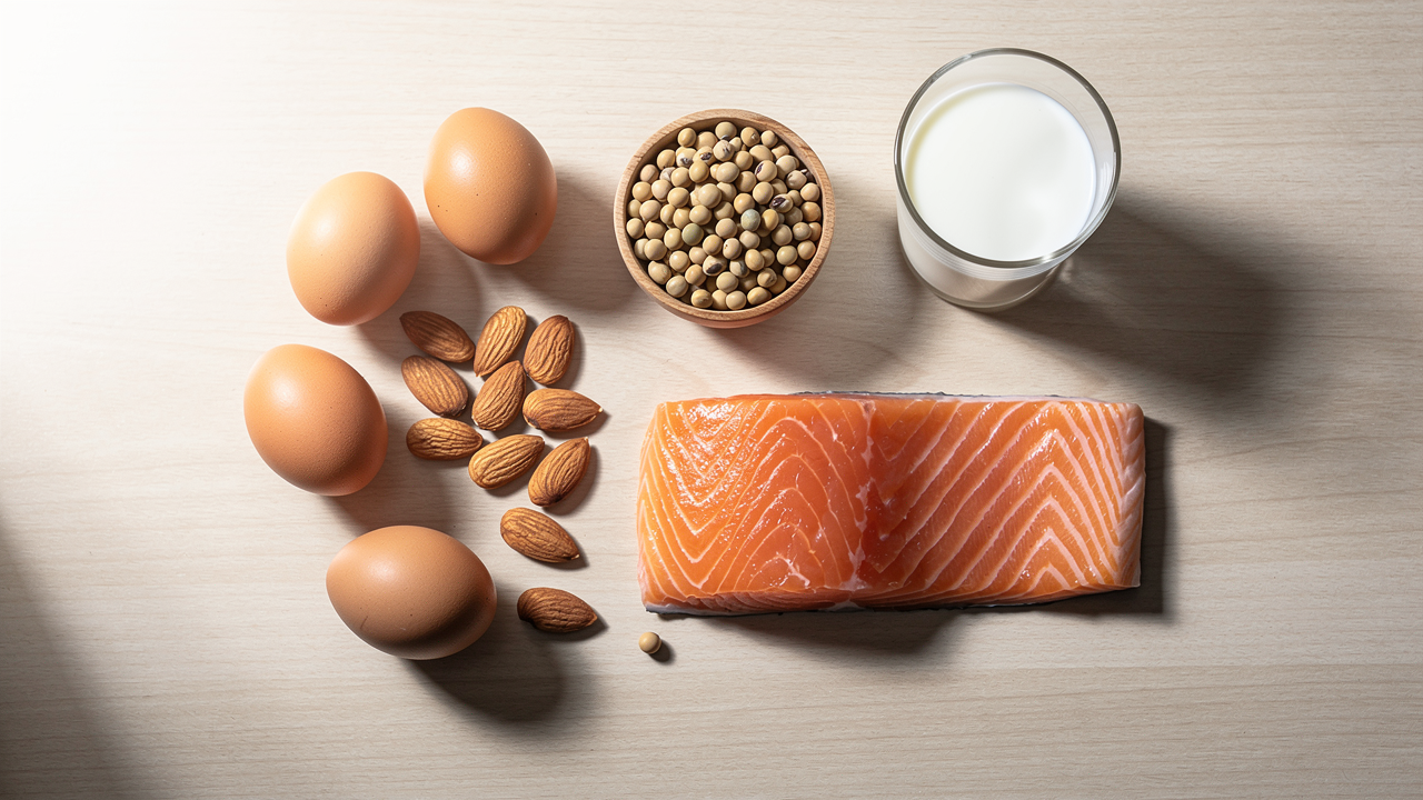 Proteinrika livsmedel som innehåller fenylalanin, bland annat ägg, mandlar, sojabönor, lax och mjölk