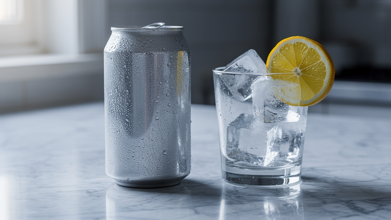 Kyld kolsyrad energidryck på köksbänk med isglas och citrus