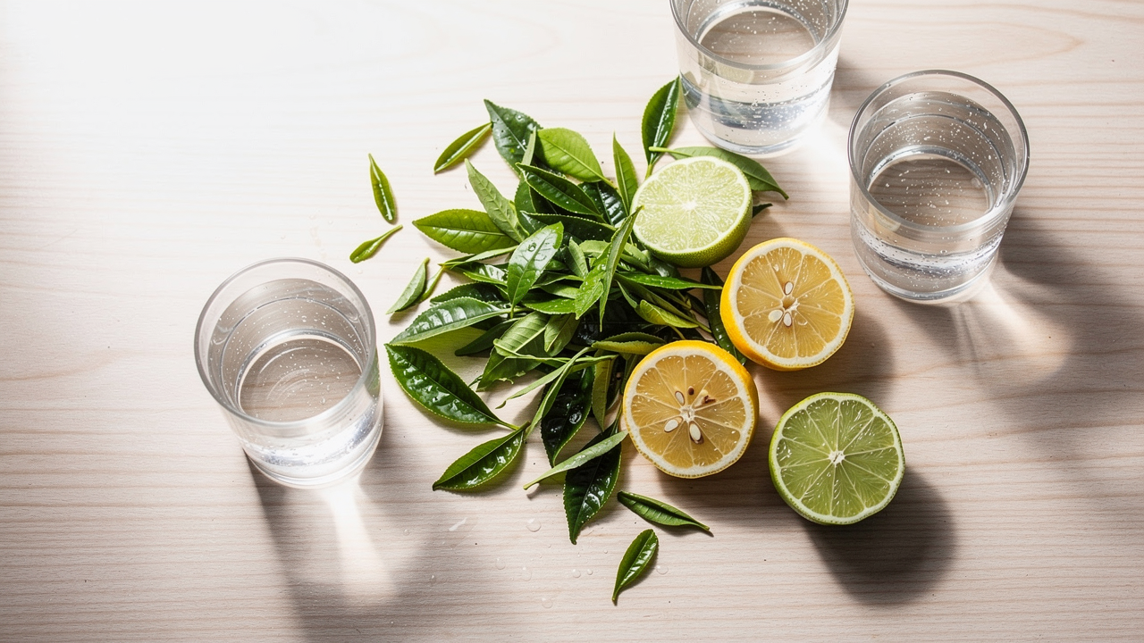 Kyld kolsyrad energidryck på köksbänk med isglas och citrus