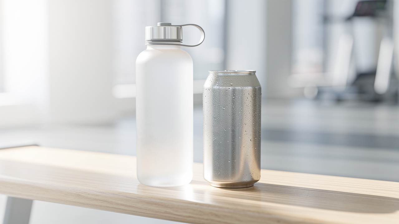 Kyld kolsyrad energidryck på köksbänk med isglas och citrus