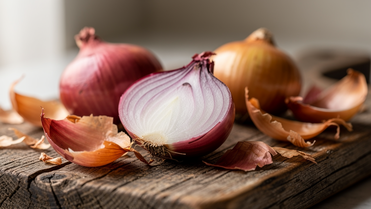 Halverad gul och röd lök på en träskärbräda, naturliga källor till quercetin