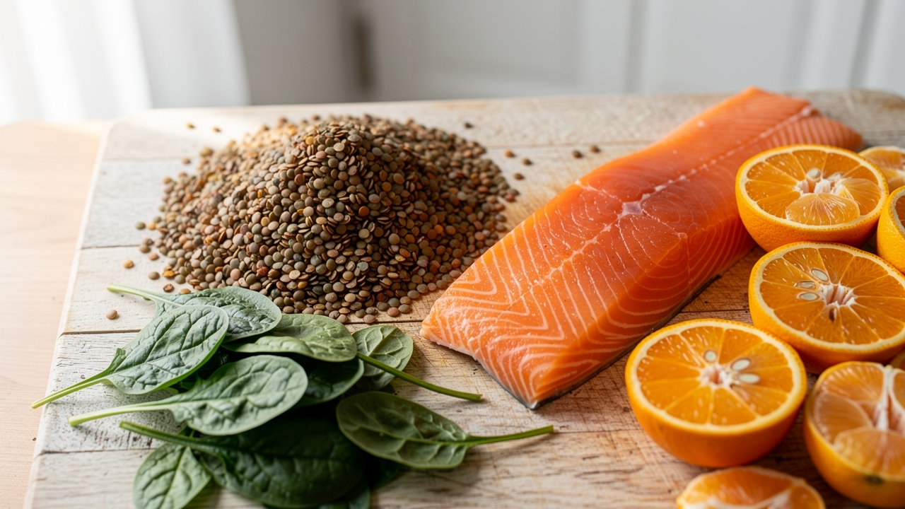 Varierad kost med näringsrika livsmedel som gröna bladgrönsaker, citrus, ägg, fisk och baljväxter