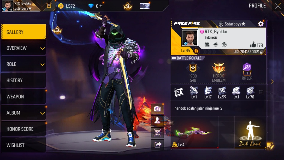 Indonesia|M1014 Green Flame Draco, UMP Booyah Day, Thompson Cindered Collosus, etc|114 Vault + 30 Bundle|Log Google(FF1326)