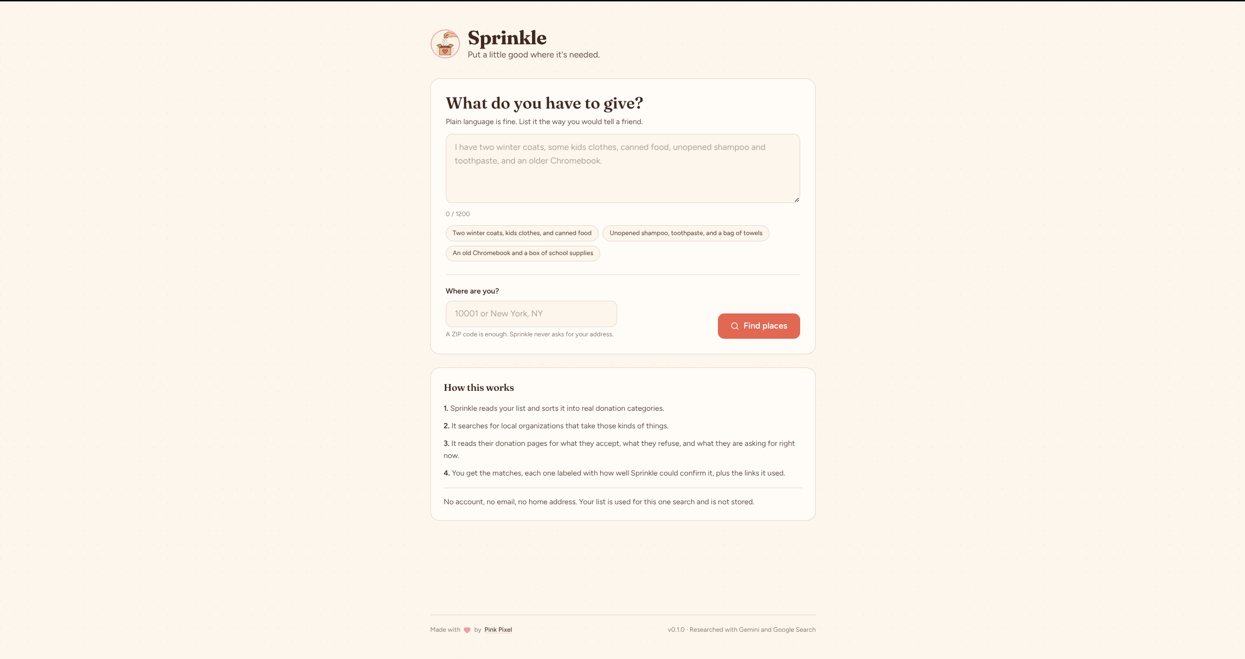 Sprinkle homepage with fields for a location and donation description