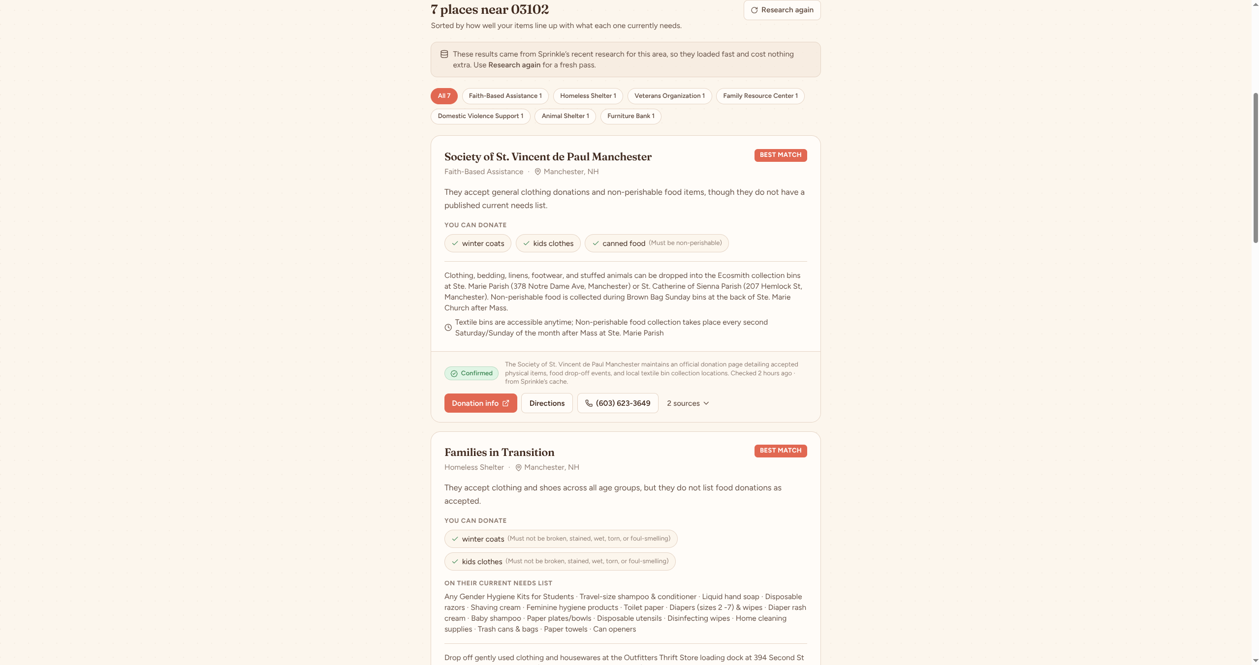 Sample Sprinkle results with researched organizations, item matches, verification labels, and source links