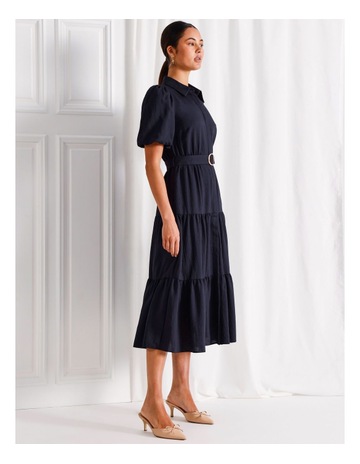 Puff Sleeve Belted Midi Shirt Dress in Navy Background Image