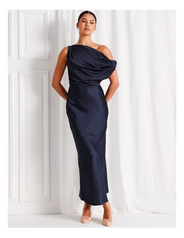 Satin One Shoulder Draped Midi Dress in Navy Background Image