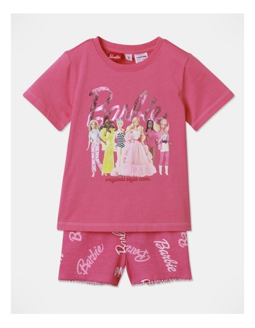 Barbie Metallic Logo Short Sleeve Pyjama Set in Hot Pink Background Image