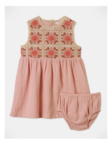 Clementine Sunflower Crochet Dress in Pink Background Image