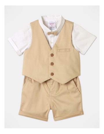 Woven Shirt Vest and Short Set in Stone Background Image