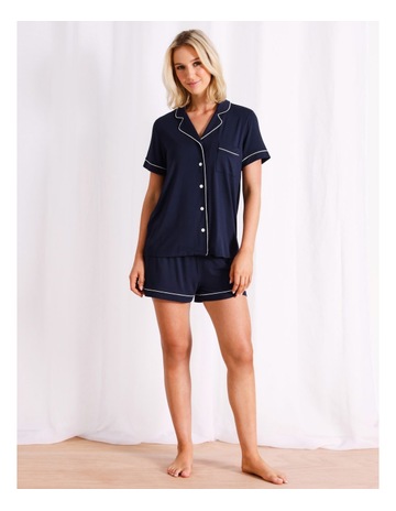Pure Comfort Bamboo Short Sleeve Pyjama Set in Navy Background Image
