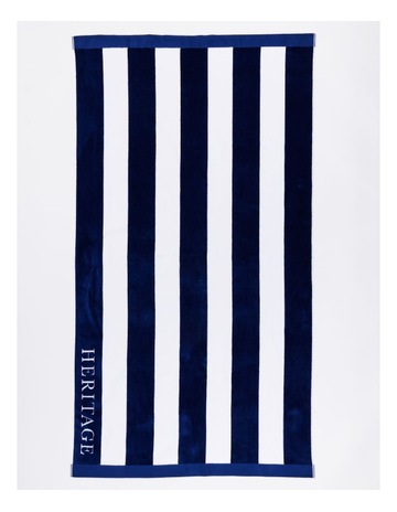 Santorini Resort Stripe Beach Towel in Navy/White Background Image