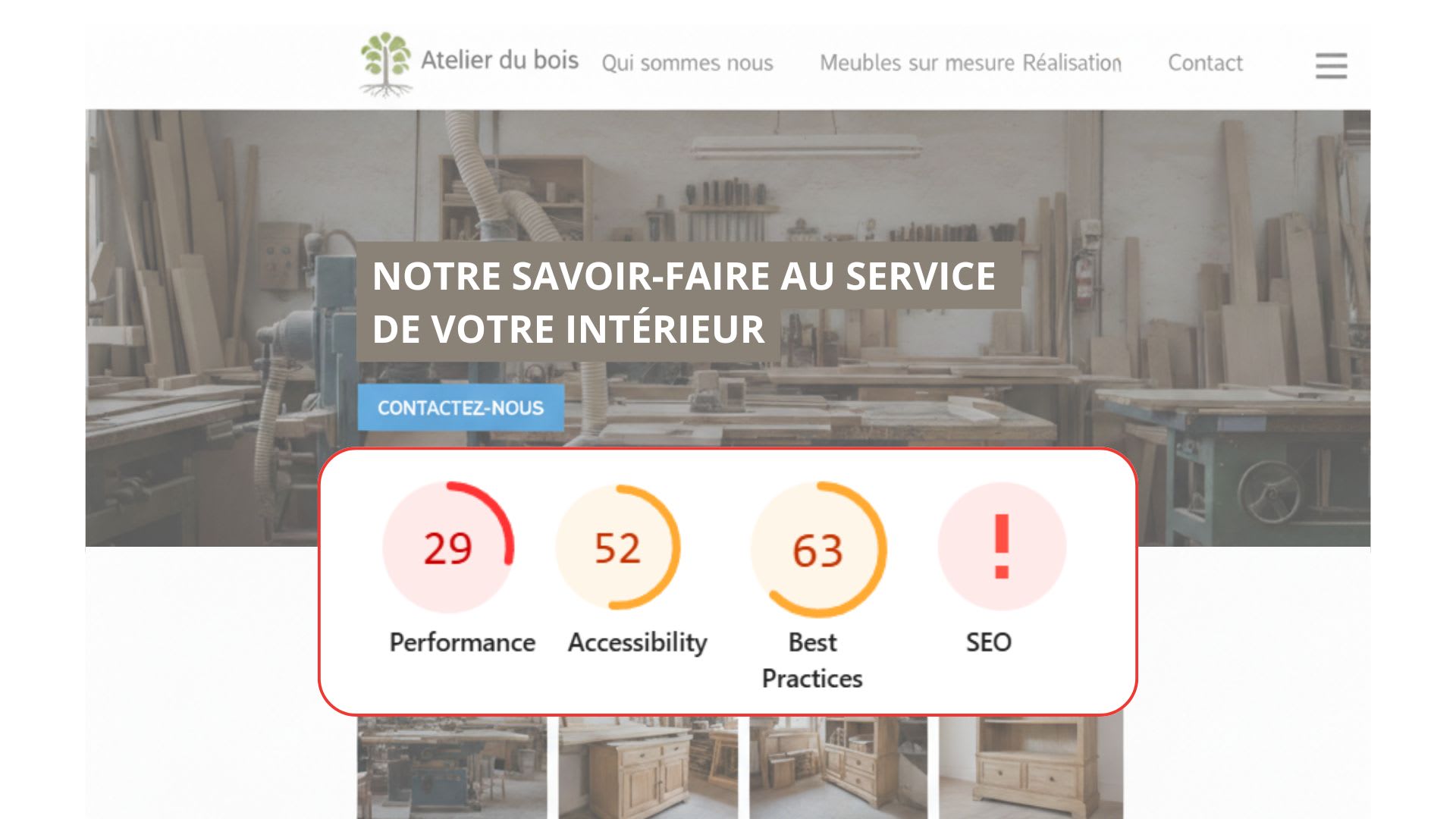Site WordPress générique d'artisan avec des scores Lighthouse médiocres