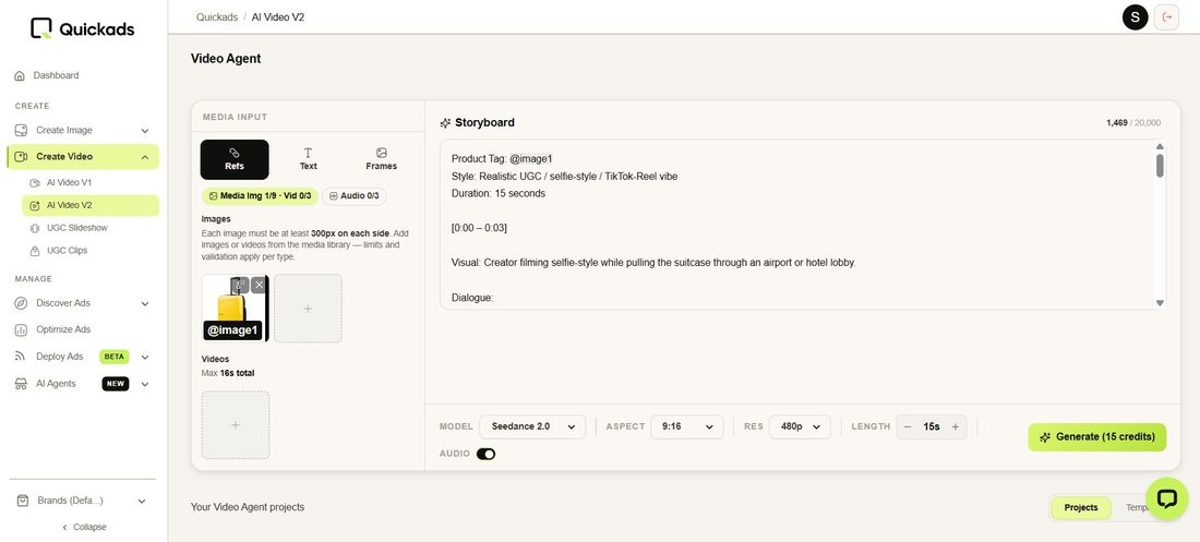 Quickads Video Agent building a UGC ad