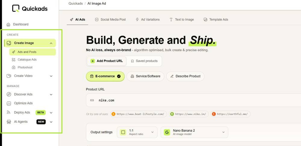 Quickads AI image and video ad creation across every format